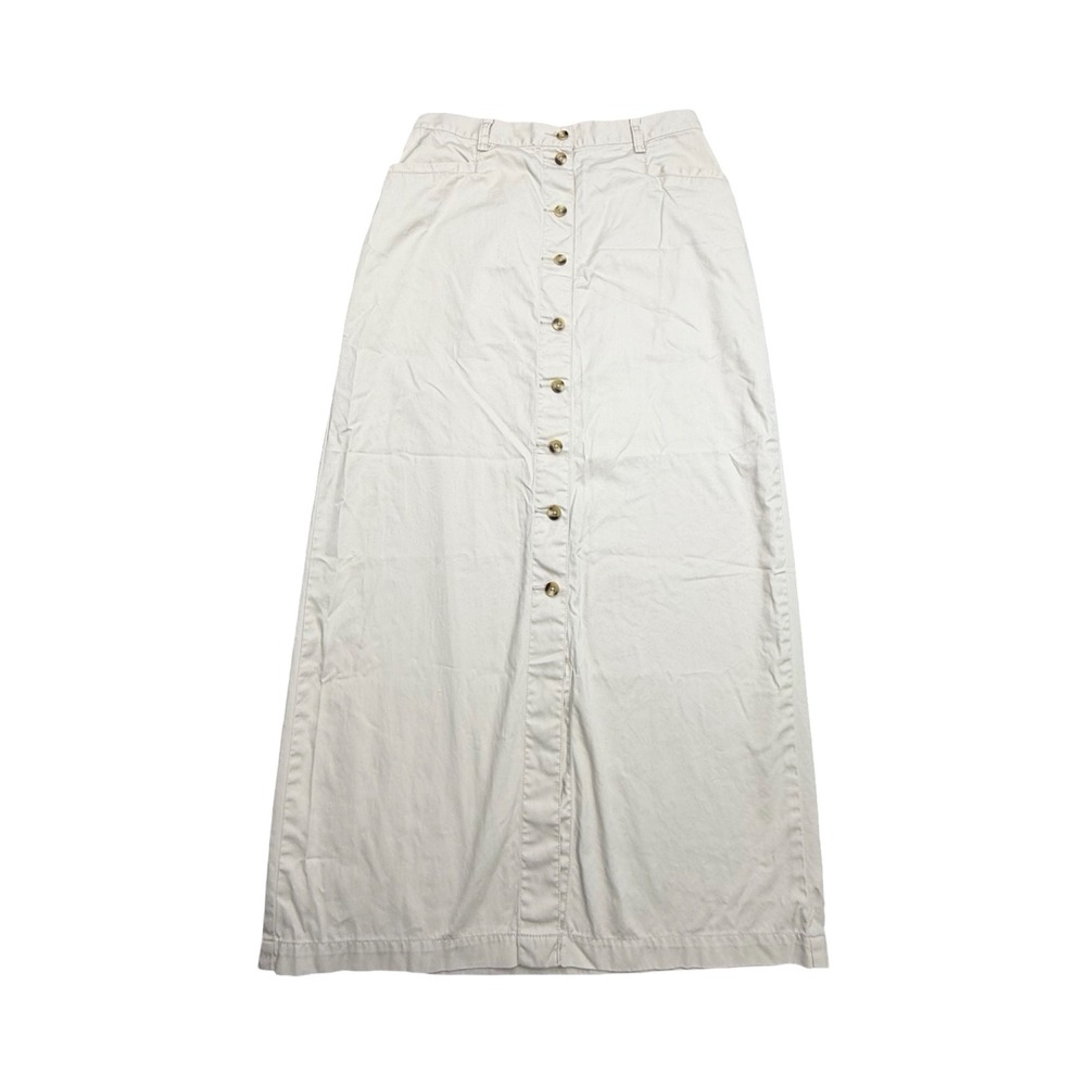 Eddie Bauer Maxi Skirt Womens 10 Khaki Beige Button Front Cotton Twill Modest